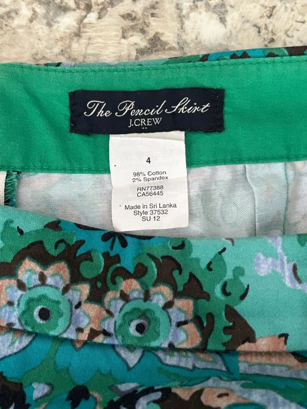 J. Crew Casbah Green Paisley Print Sateen Pencil Skirt Stretch Colorful Size 4